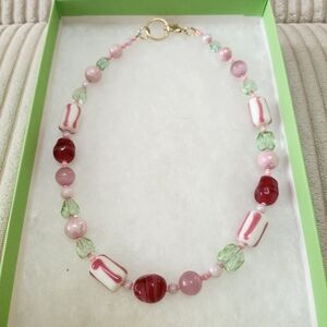 Elegant Pink and Green Beaded Candy Like Necklace